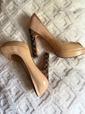 Coach Nude Patent Leather Platform Pumps with Signature-Print Heel